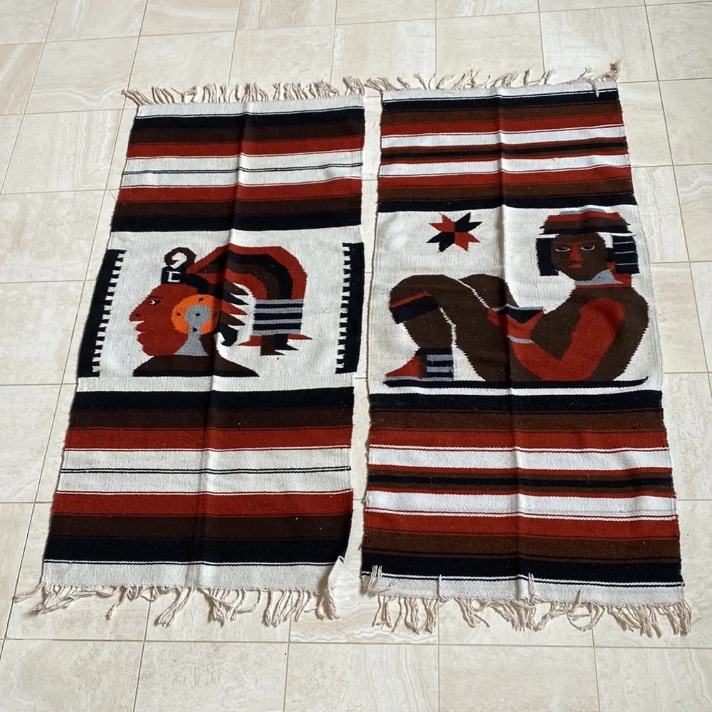 Vintage Aztec God Handwoven Wool 2 Coordinating Mexican Rug, Tapestry or Blanket